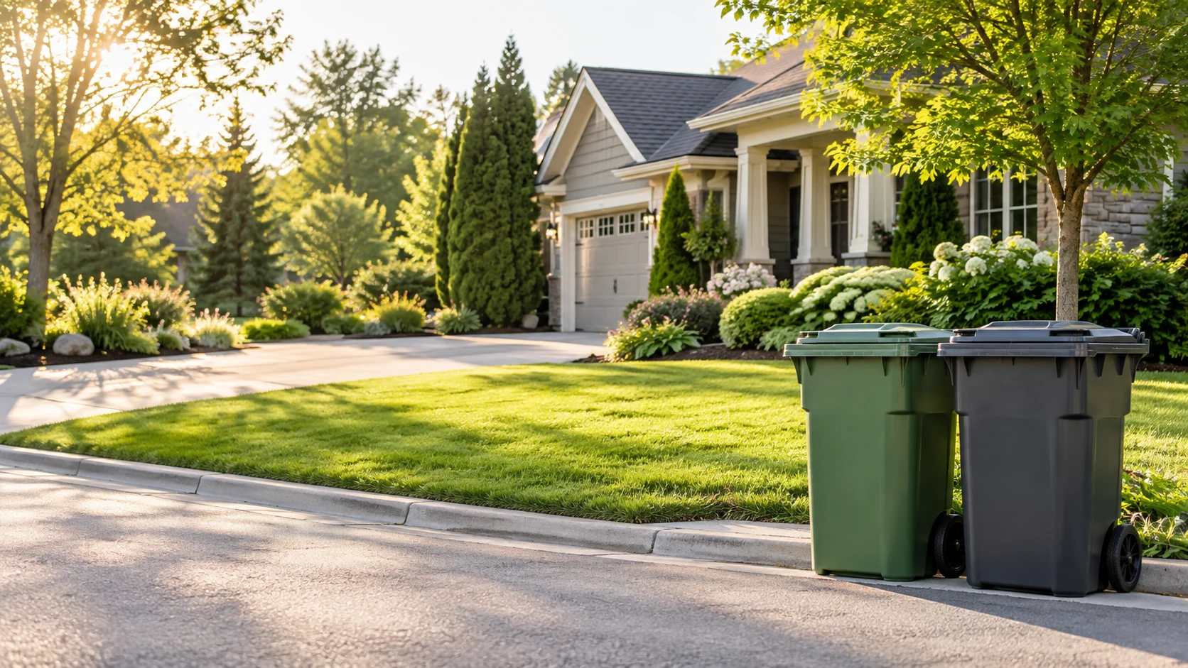 Illustrative photograph of clean trash and recycling bins at a suburban curb.