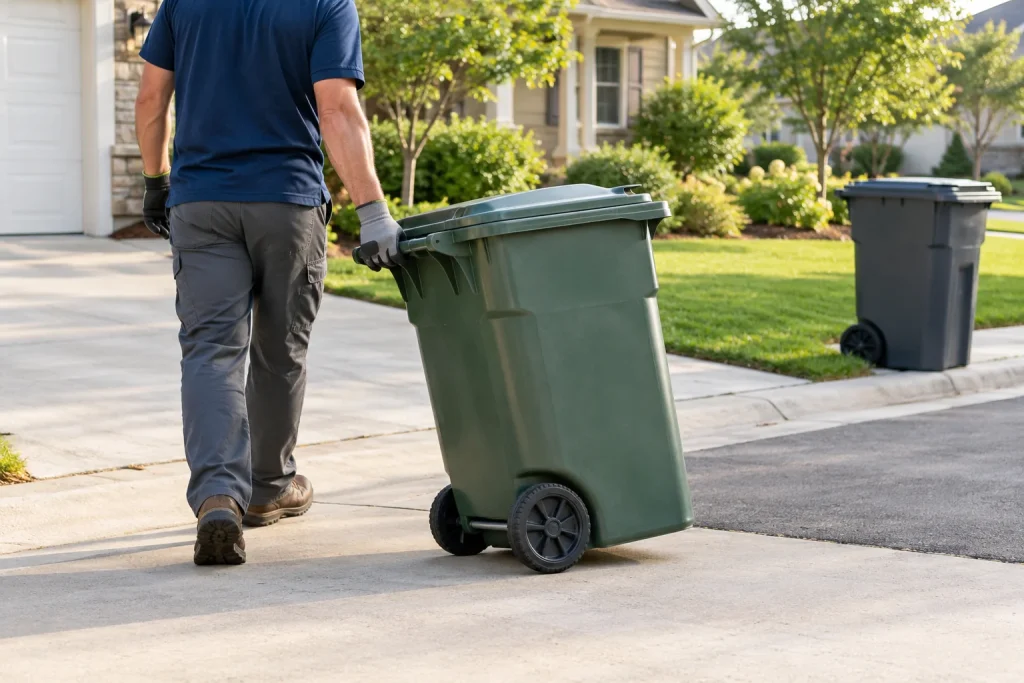 Illustration of a worker moving a wheeled trash bin to the curb