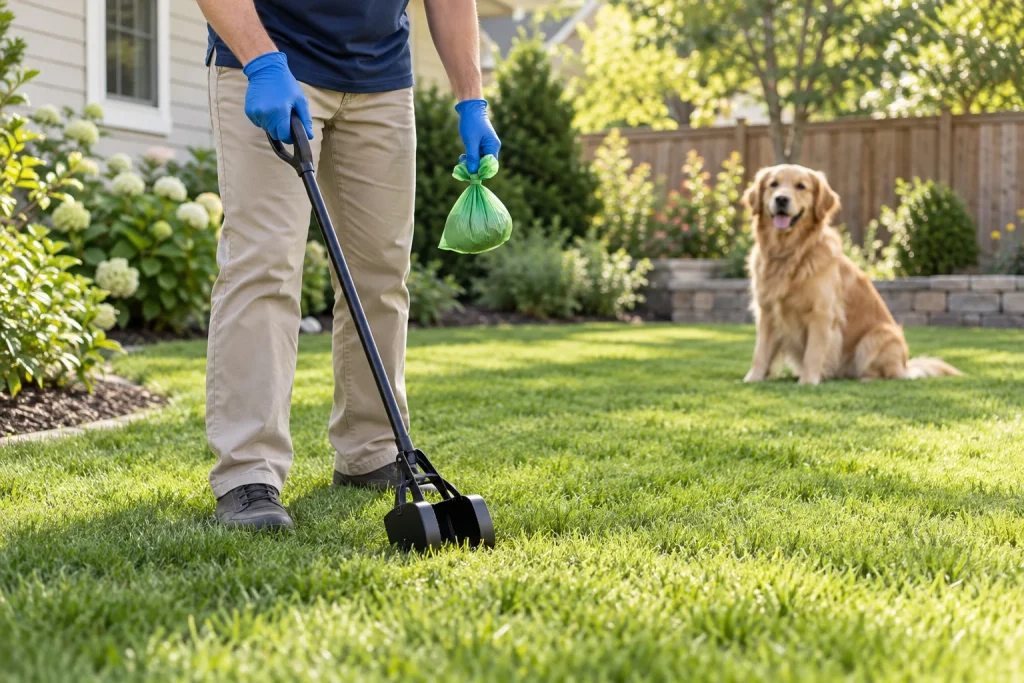 Illustration of pet waste cleanup in a residential yard