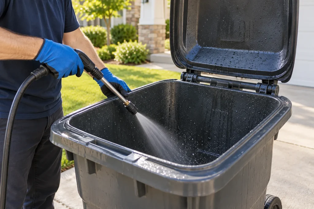 Illustration of a worker rinsing the inside of a trash can